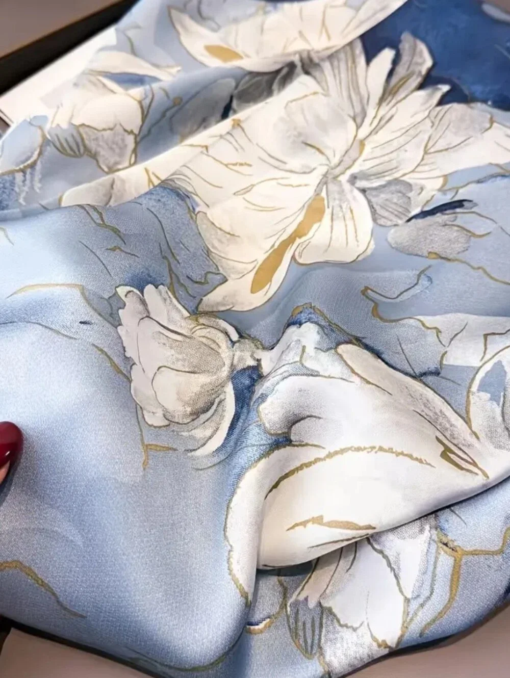 Floral Blue Silk-Feel Scarf - Navy & Light Blue